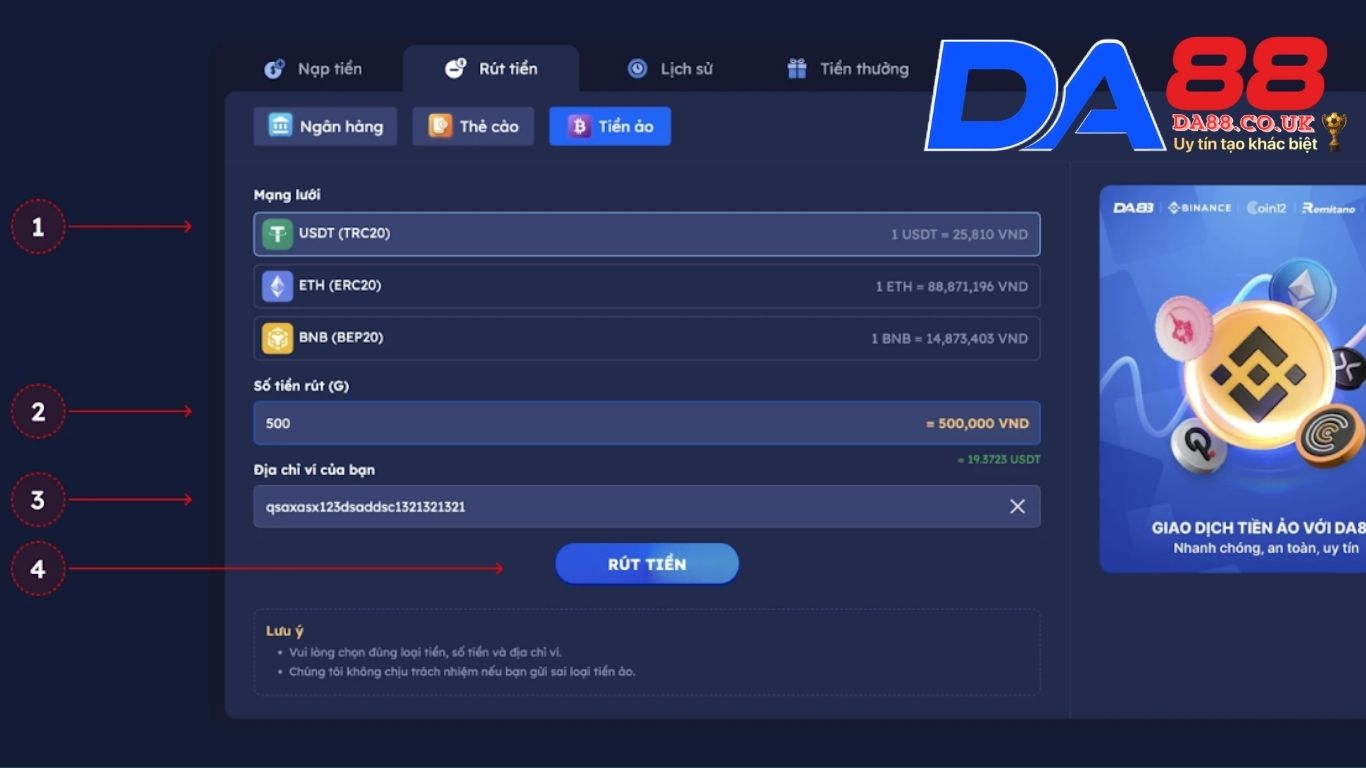 Các lưu ý quan trọng khi rút tiền từ DA88