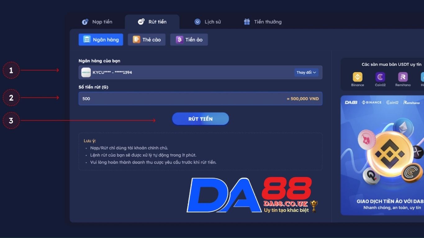 Điều kiện để rút tiền DA88 