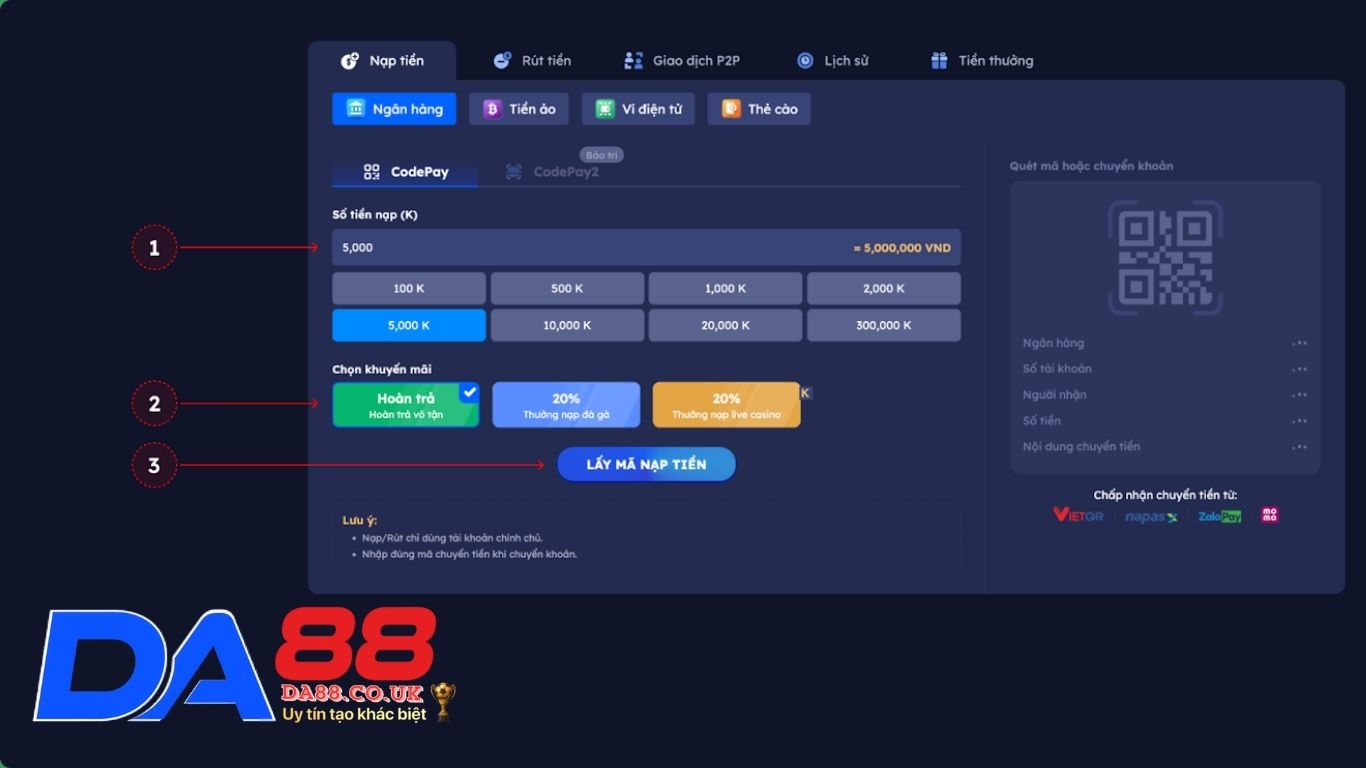Điều kiện nạp tiền theo quy định của DA88