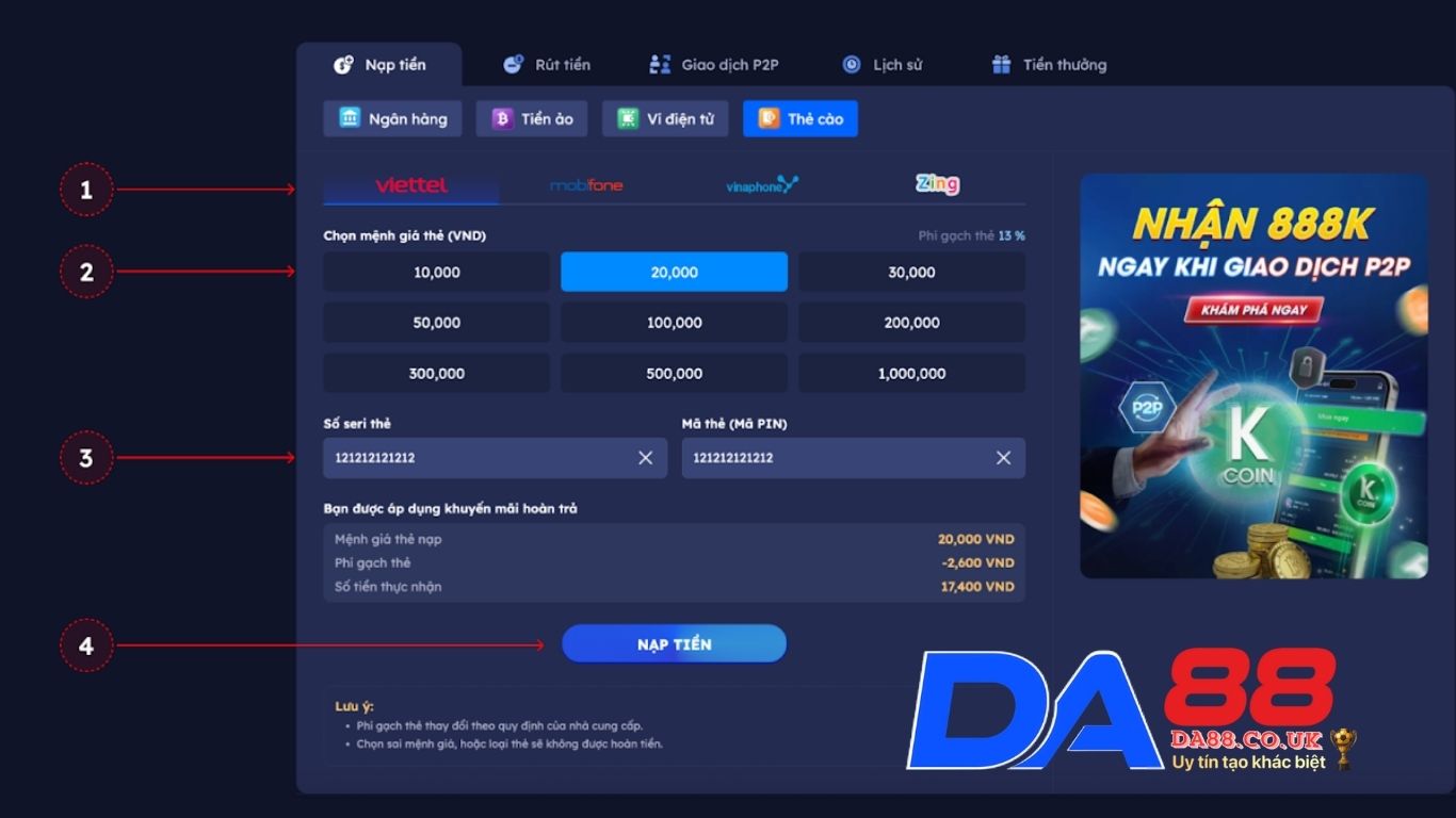 Hướng dẫn nạp tiền DA88 chi tiết