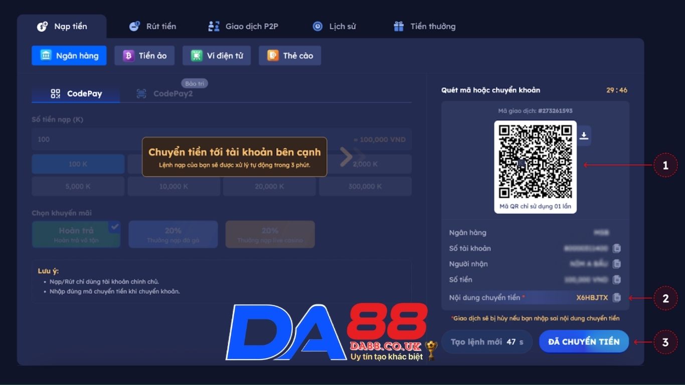 Những lưu ý khi nạp tiền DA88